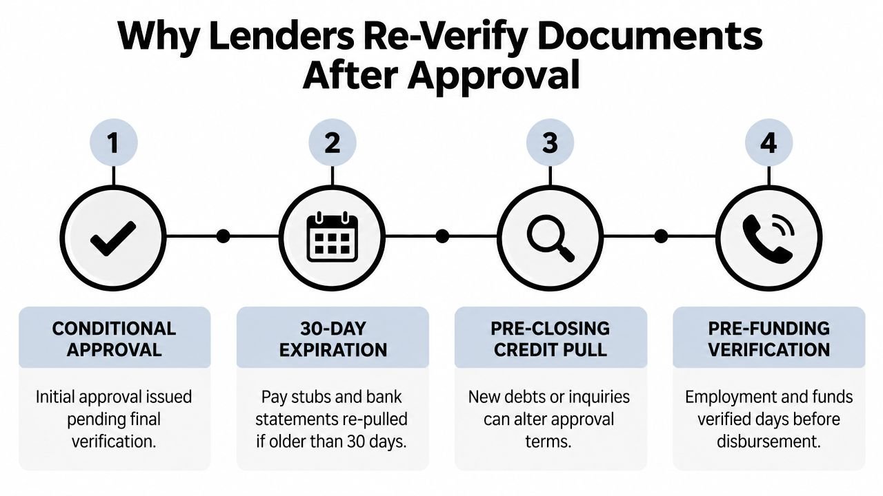 A flow chart explaining the four reasons why lenders re-verify loan documents after initial approval.