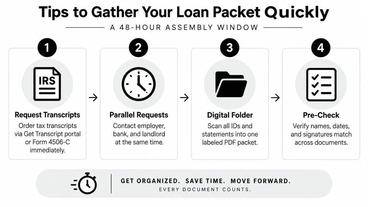 A four-step infographic illustrating how to quickly organize and gather necessary documents for a loan application.