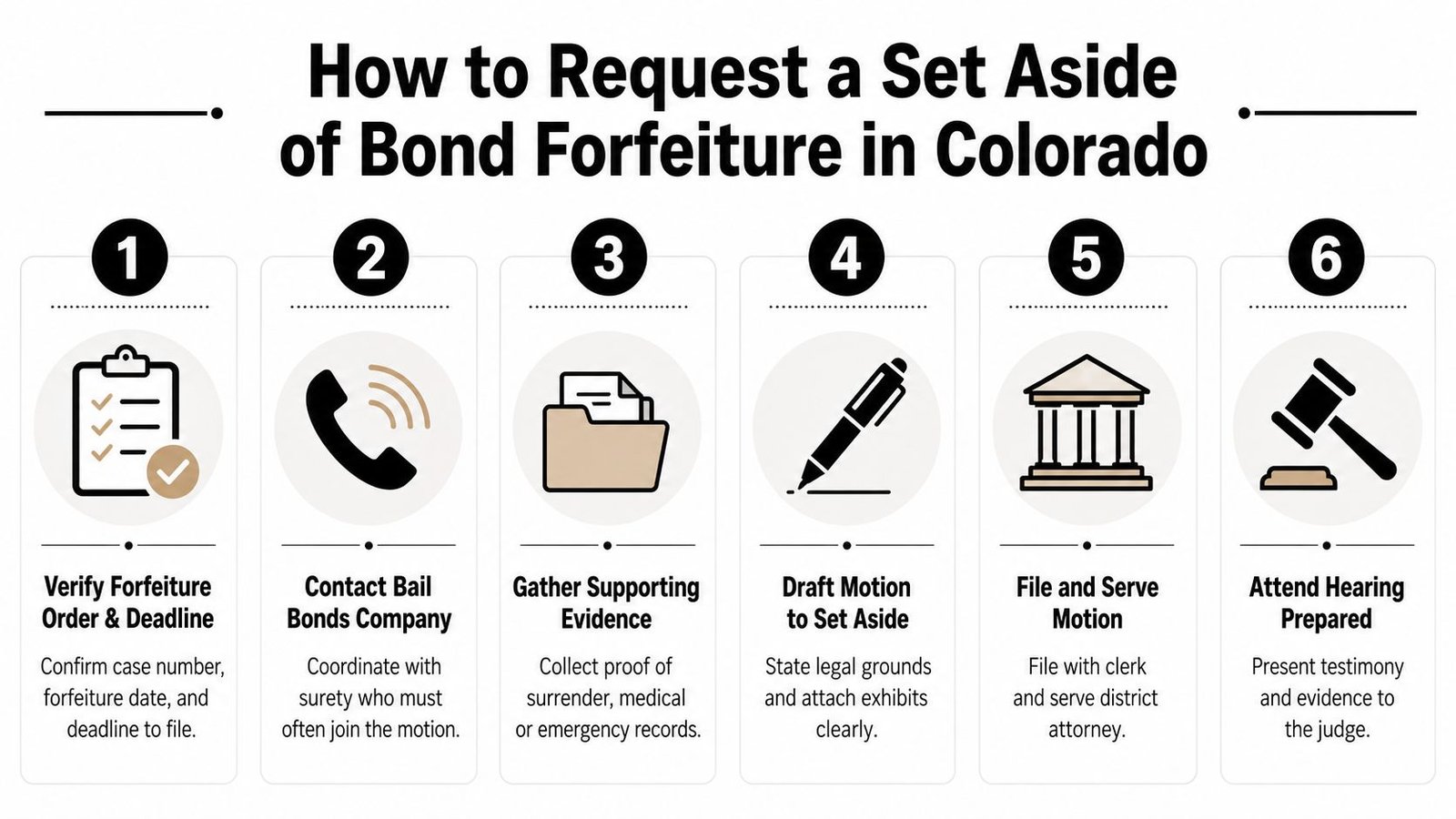 A step-by-step infographic titled How to Request a Set Aside of Bond Forfeiture in Colorado.
