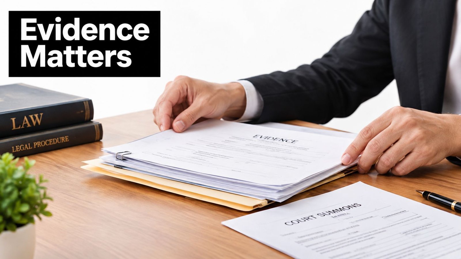 A professional in a suit reviewing legal documents, evidence papers, and a court summons at a desk.
