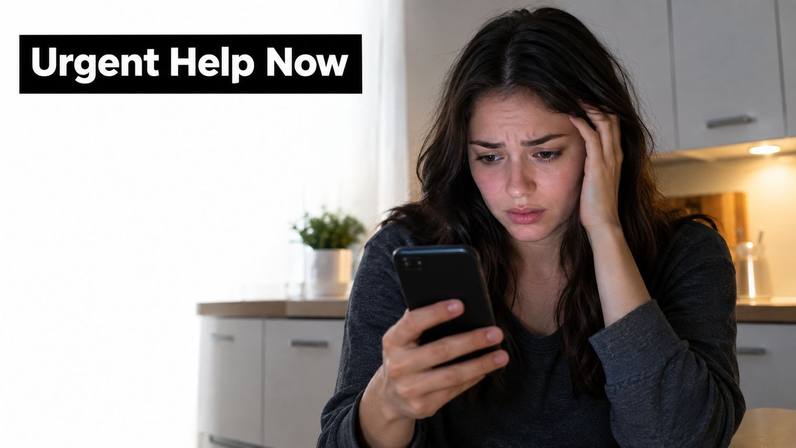 A concerned woman sitting in a kitchen looking at her smartphone while holding her head in distress.