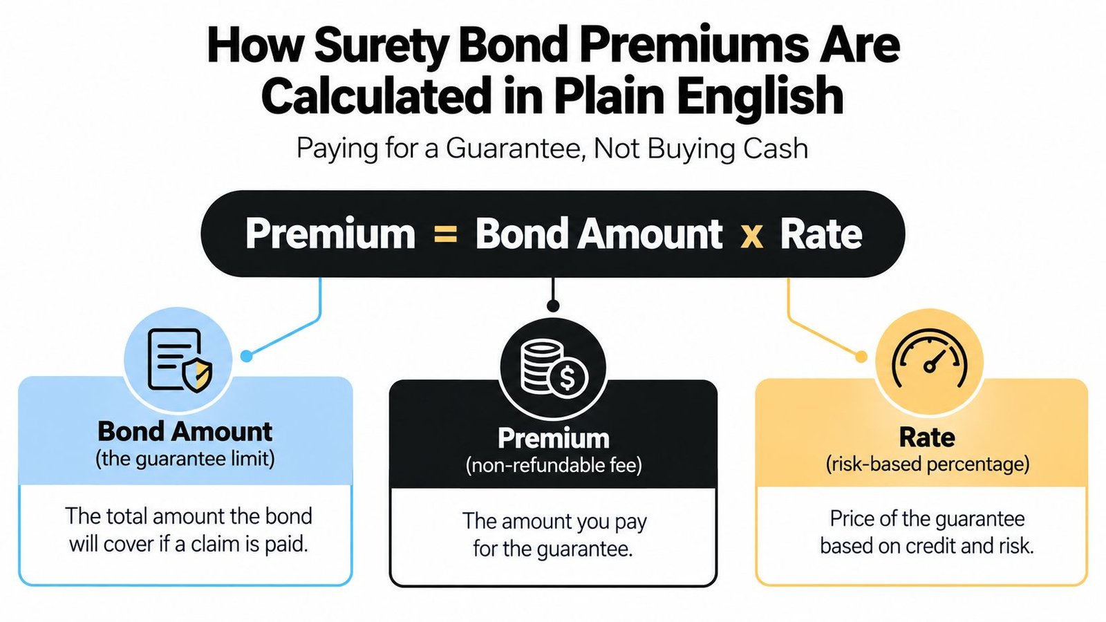 An infographic explaining that a surety bond premium is calculated by multiplying the bond amount by the rate.