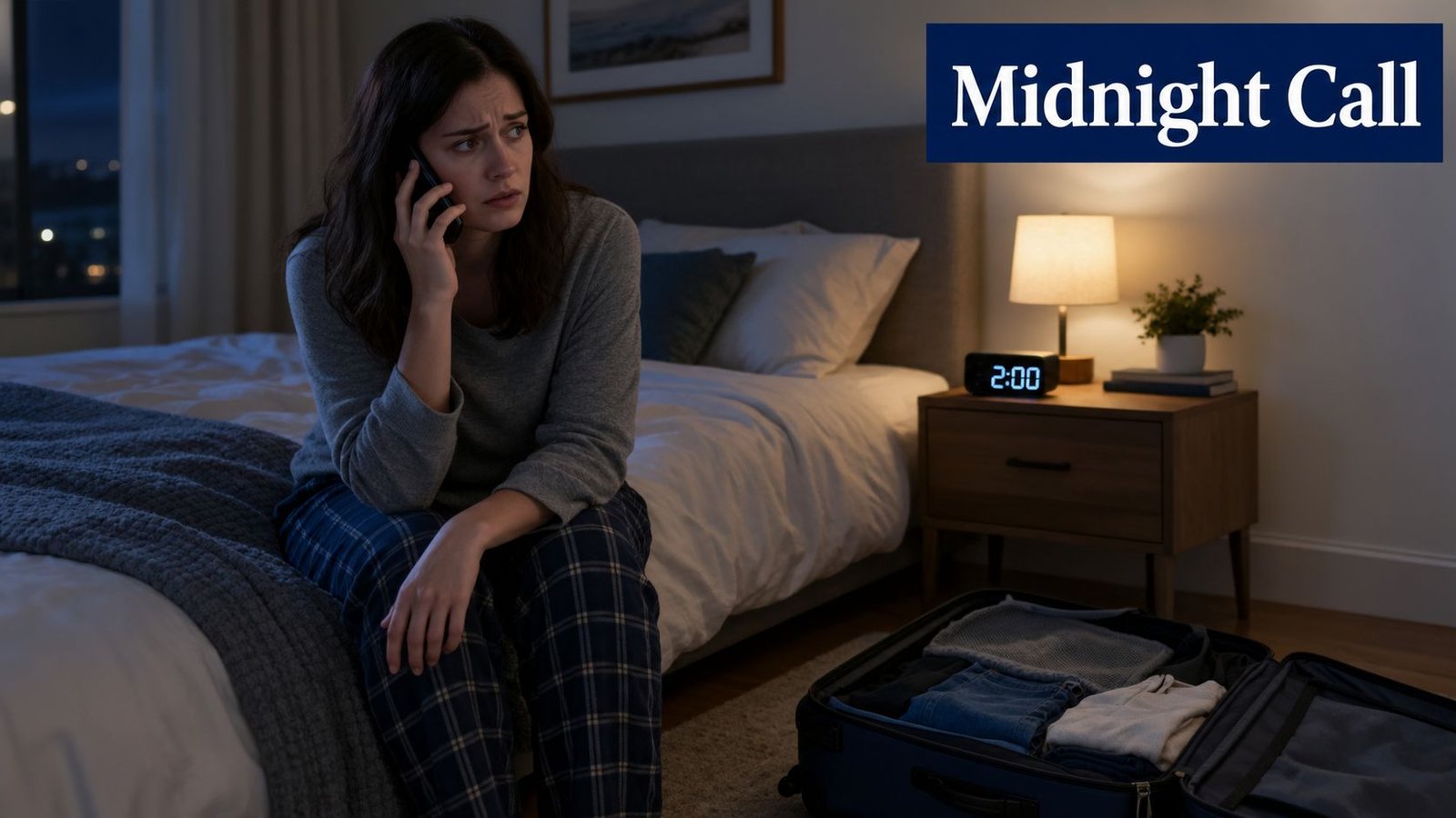A worried woman sits on the edge of her bed at 2 AM, talking on her phone.