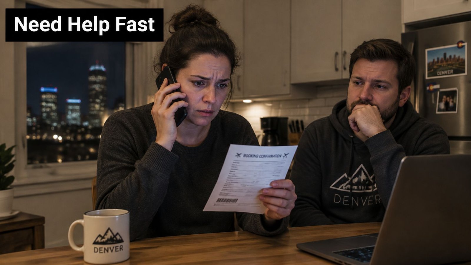 A concerned couple looks at a booking confirmation document while discussing travel issues over the phone.