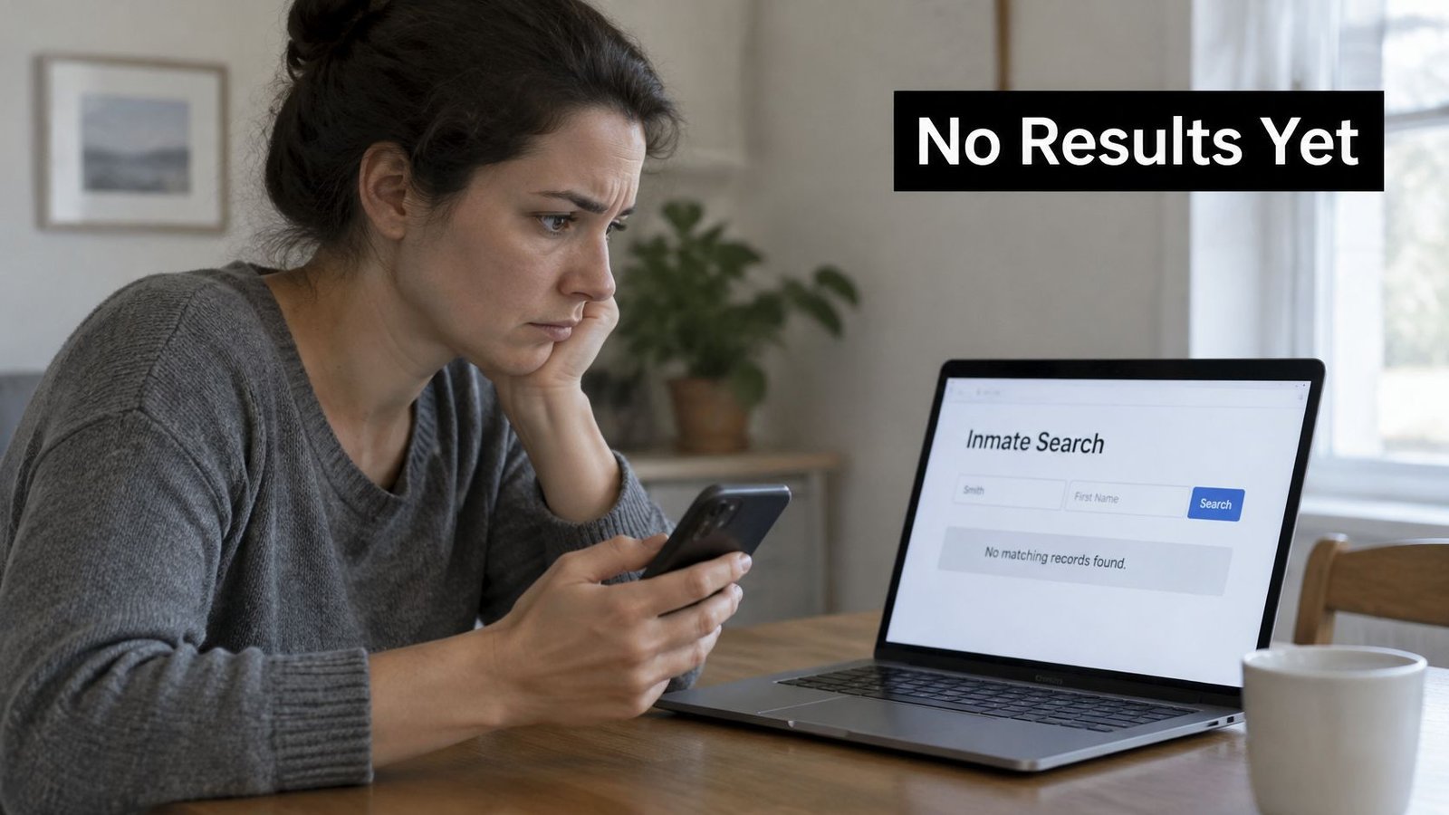A concerned woman sitting at a table with her smartphone while performing an online inmate search.