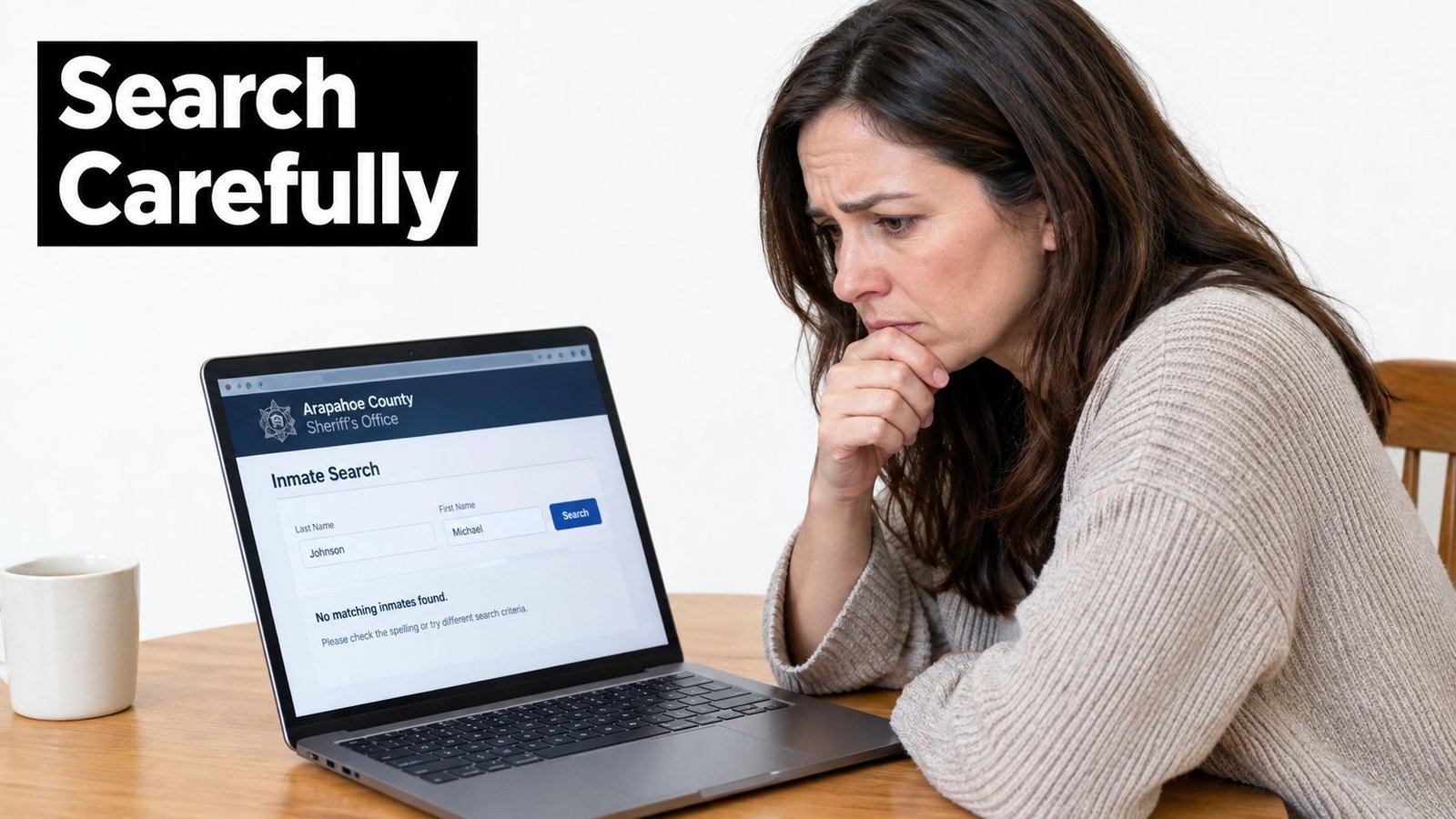 A concerned woman searching for inmate records on an Arapahoe County Sheriff's Office laptop screen.