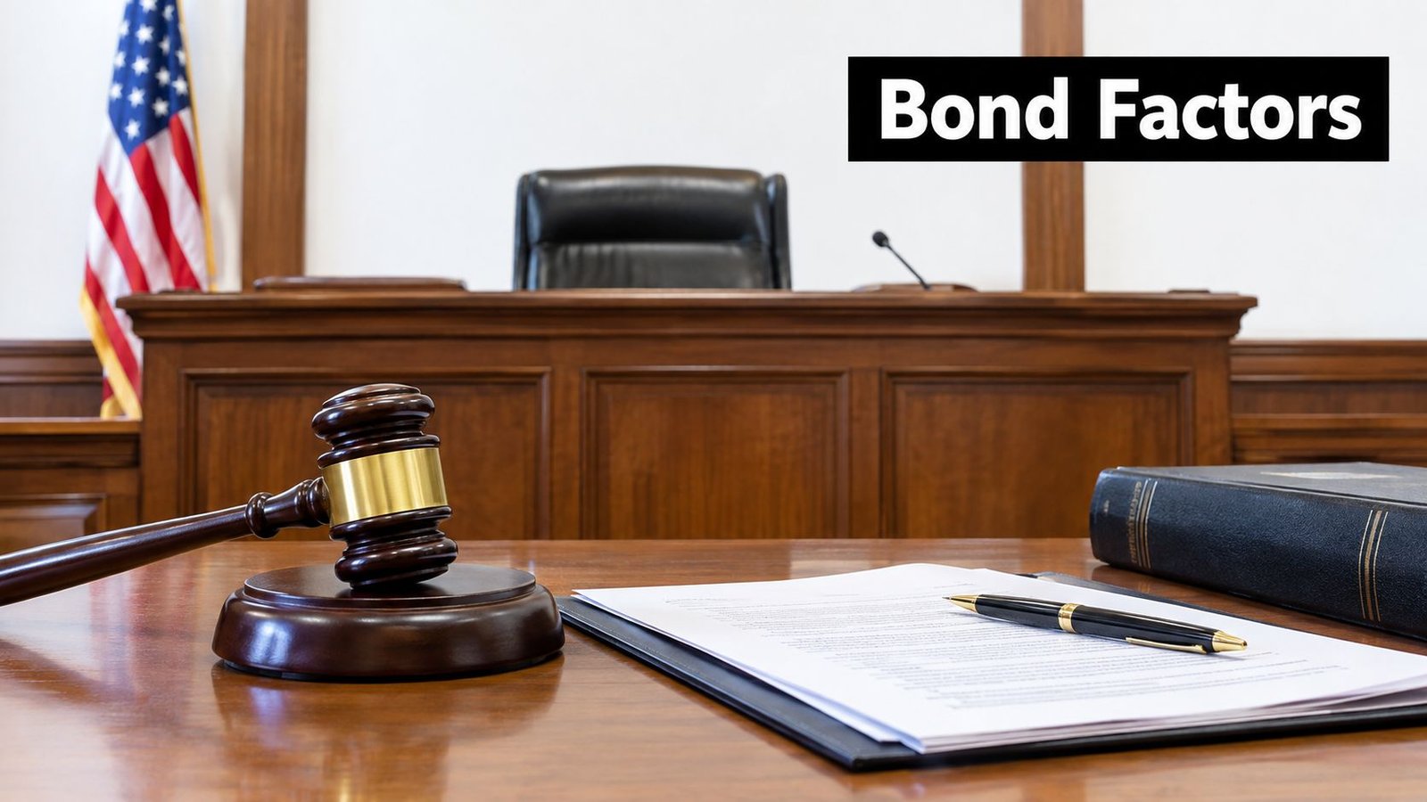 A wooden gavel and legal documents placed on a desk in a courtroom with a judge chair.