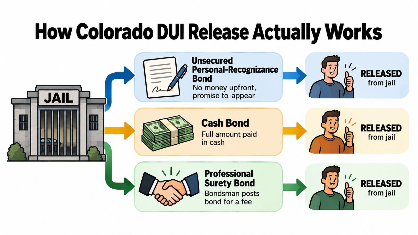 A diagram explaining three common methods of release from jail after a Colorado DUI arrest.