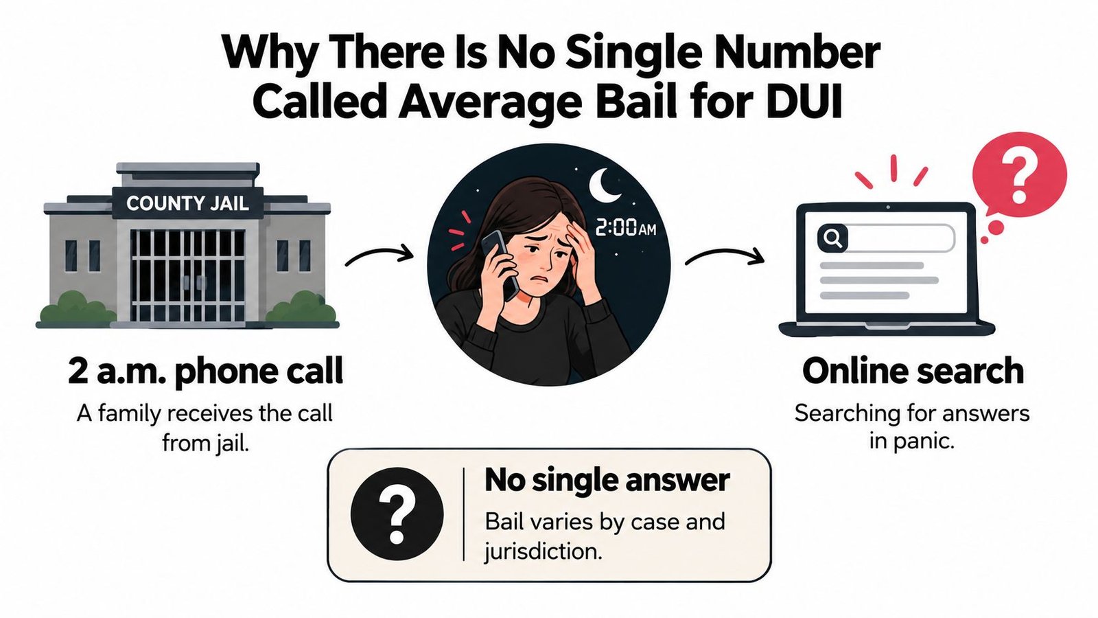 An infographic explaining that average bail for a DUI charge varies significantly by jurisdiction and individual case circumstances.