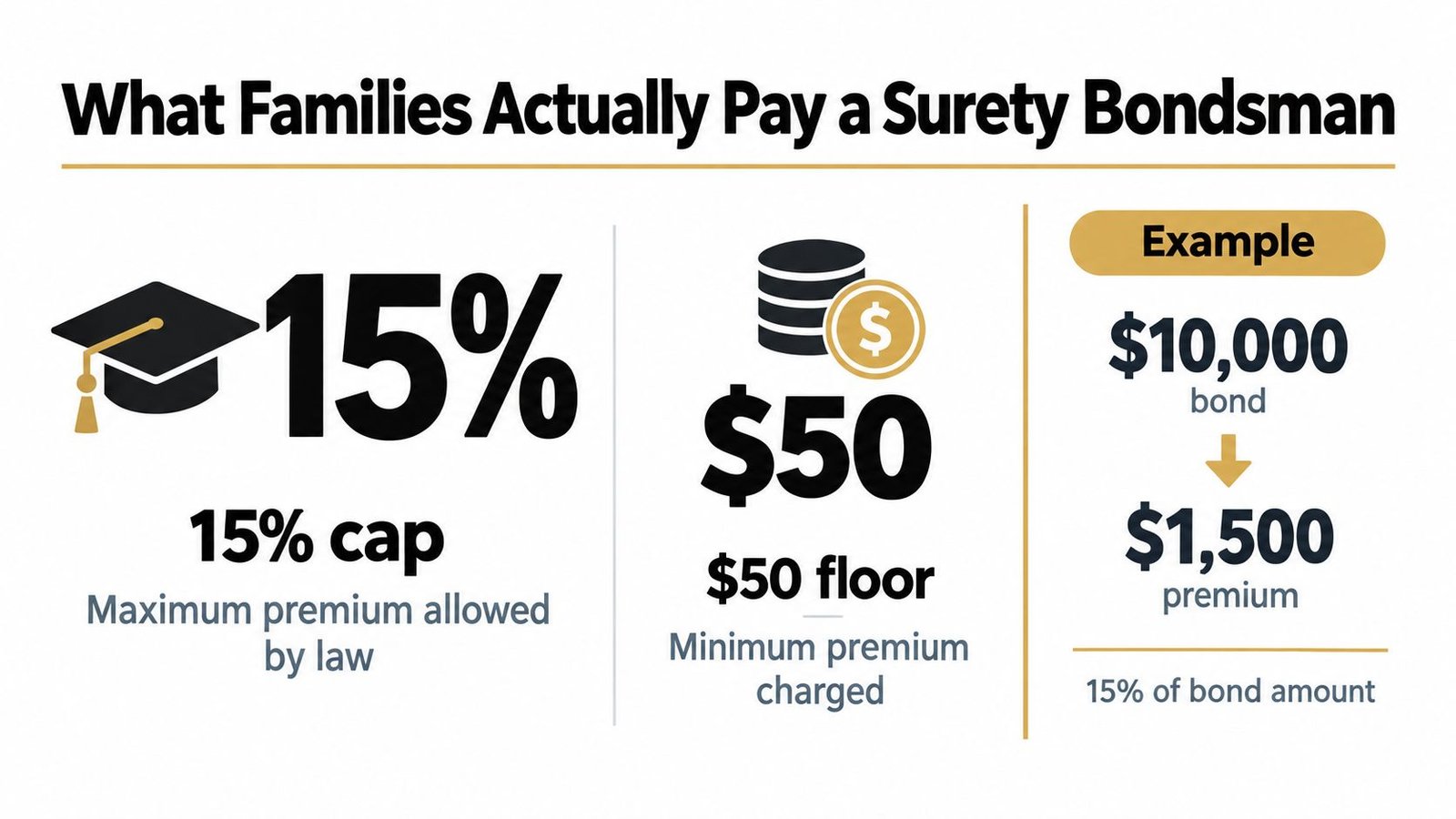 An infographic showing that surety bondsman charge a 15 percent maximum premium fee with a 50 dollar floor.