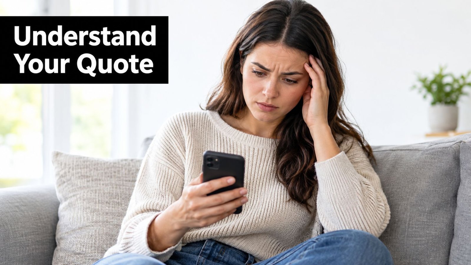 A concerned woman sitting on a couch and looking at her smartphone with a confused expression.