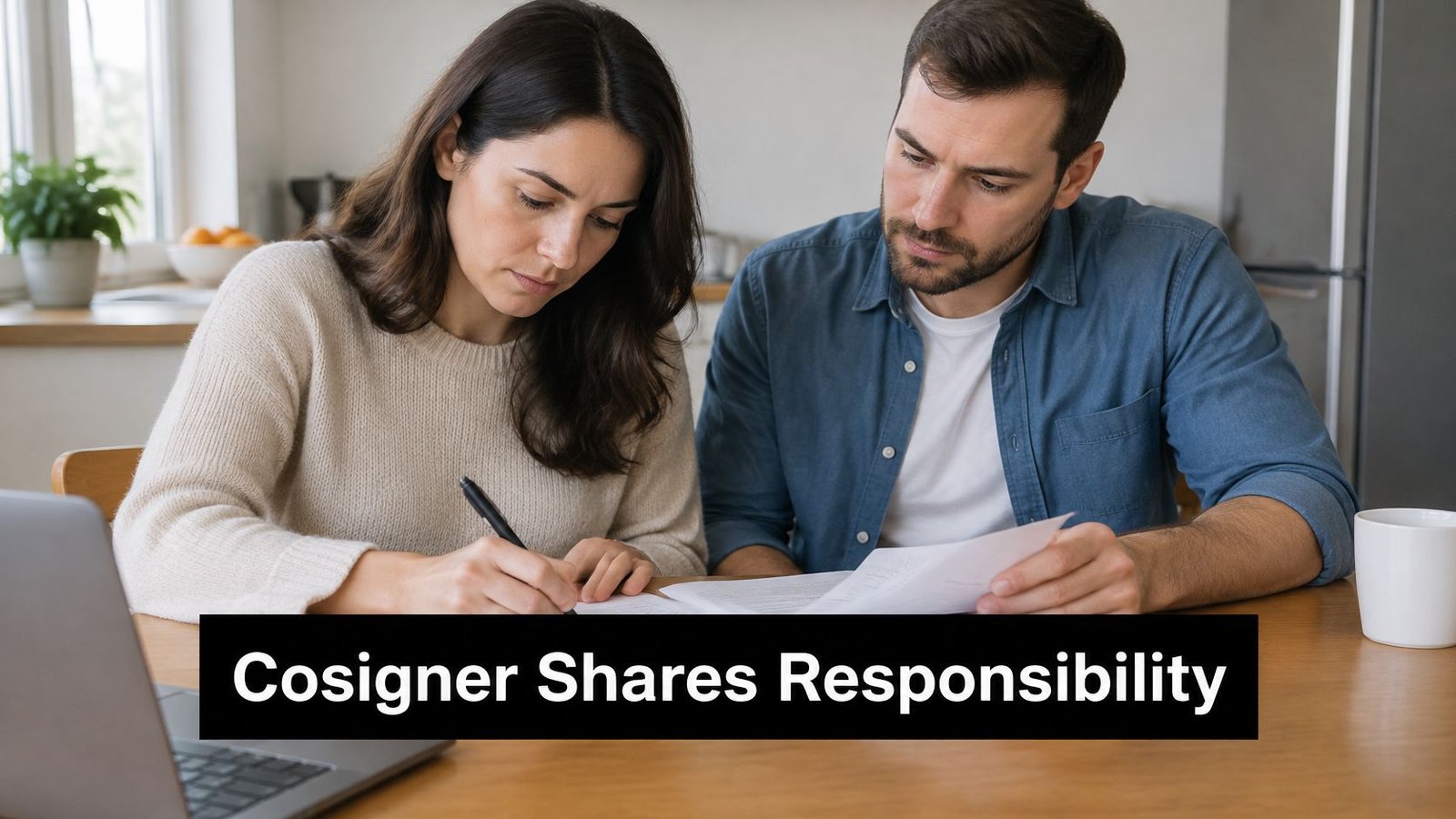 A couple sitting at a wooden table reviewing and signing legal documents for a loan application process.
