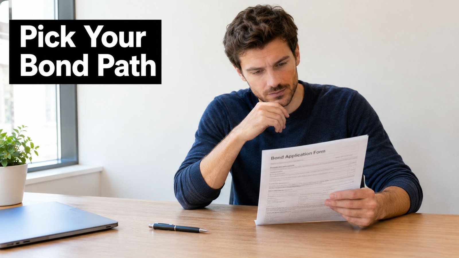 A man sitting at a desk looking thoughtfully at a bond application form with a pen.