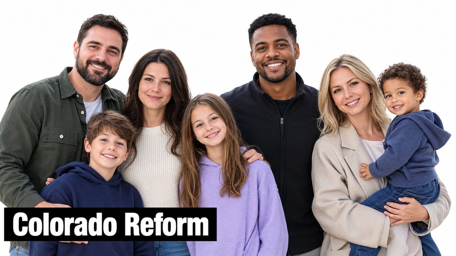 A diverse, happy group of adults and children smiling together in front of a white background.