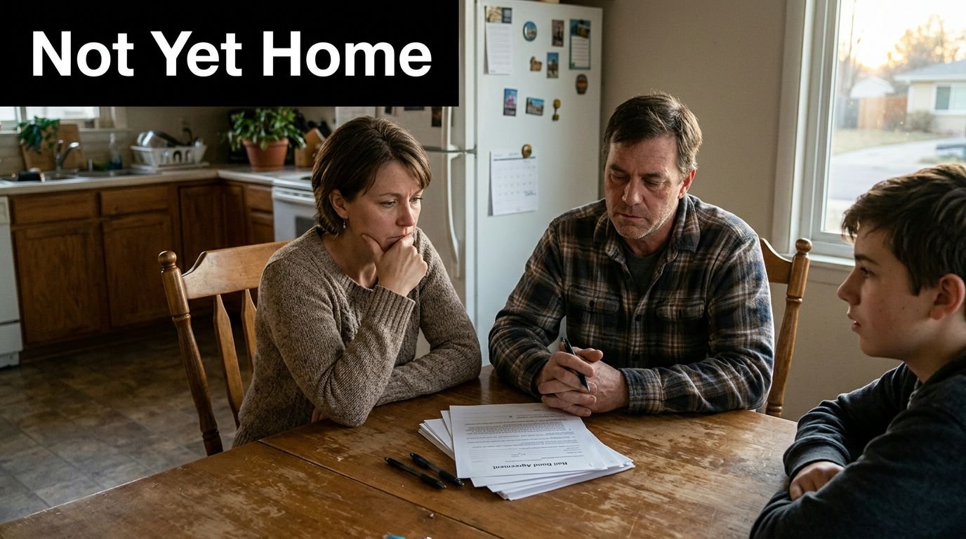 A concerned family sits at a kitchen table reviewing paperwork, highlighting themes of legal or home challenges.