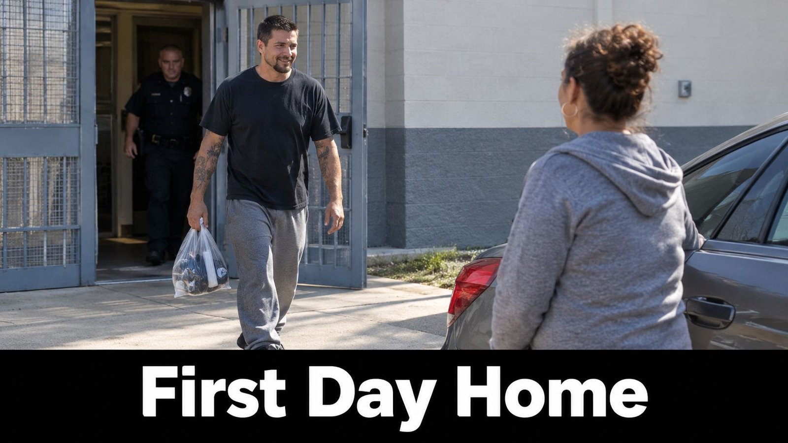 A man smiling as he is released from jail and greeted by a woman near a car.