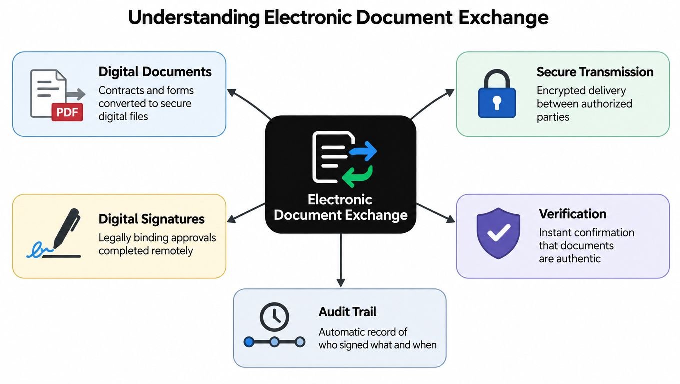 A diagram illustrating the key components of electronic document exchange, including digital documents, signatures, transmission, verification, and audit trails.