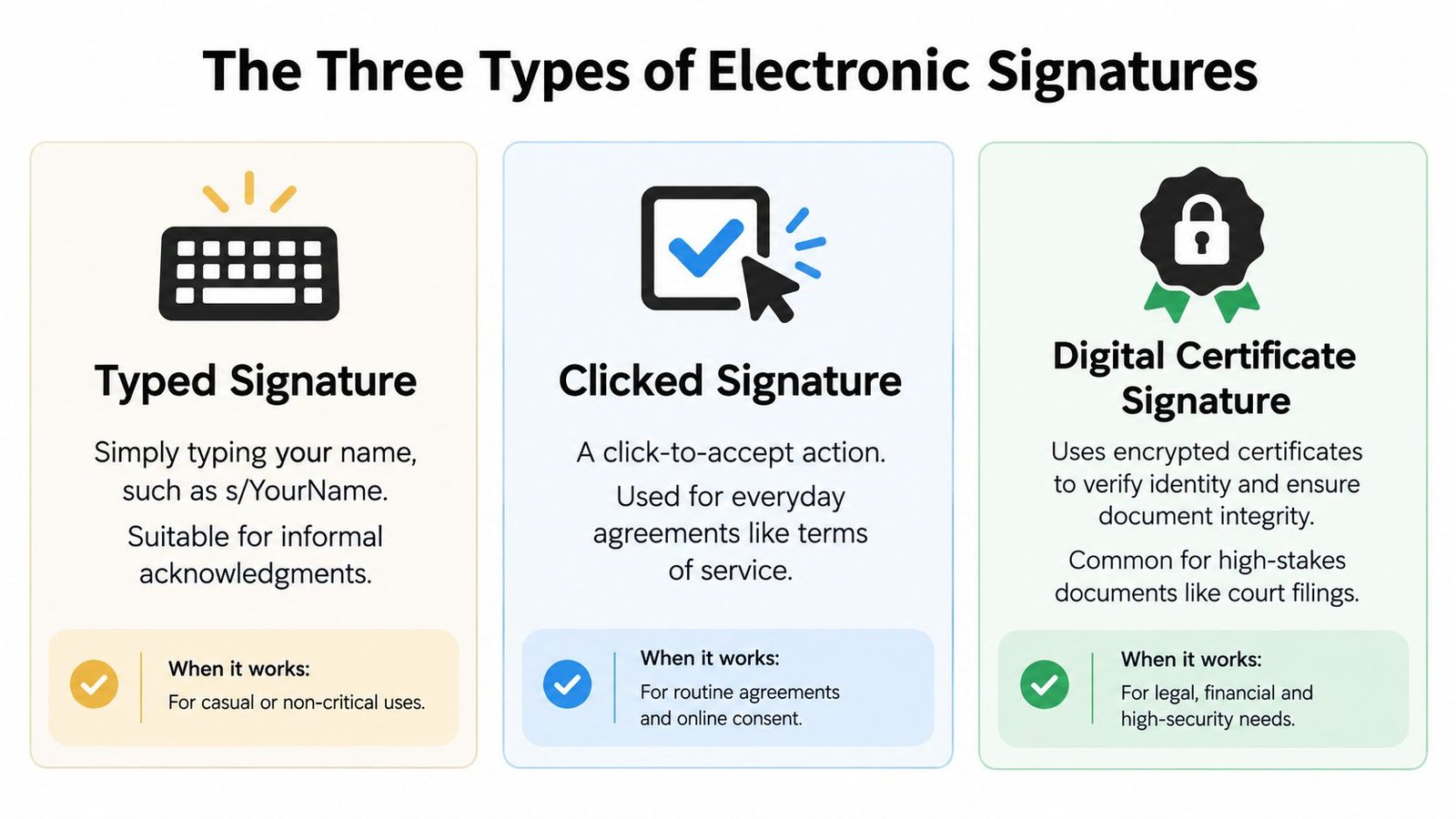 A visual guide illustrating three types of electronic signatures: typed, clicked, and digital certificate signatures.