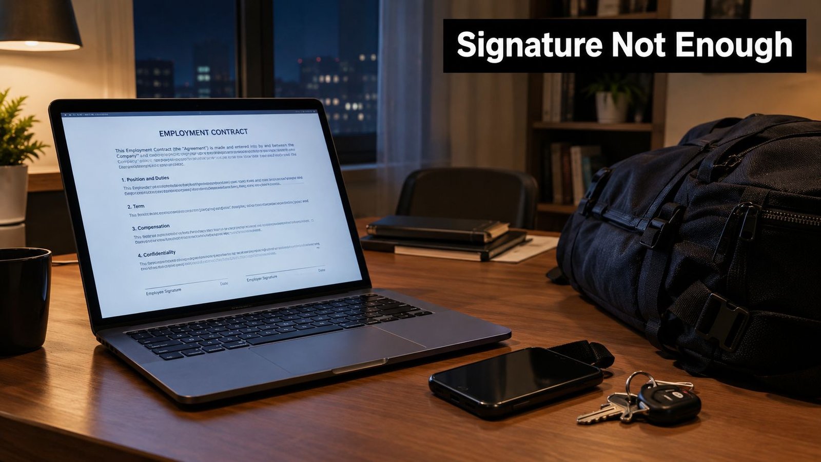 An open laptop displaying an employment contract document on a desk next to a backpack and keys.
