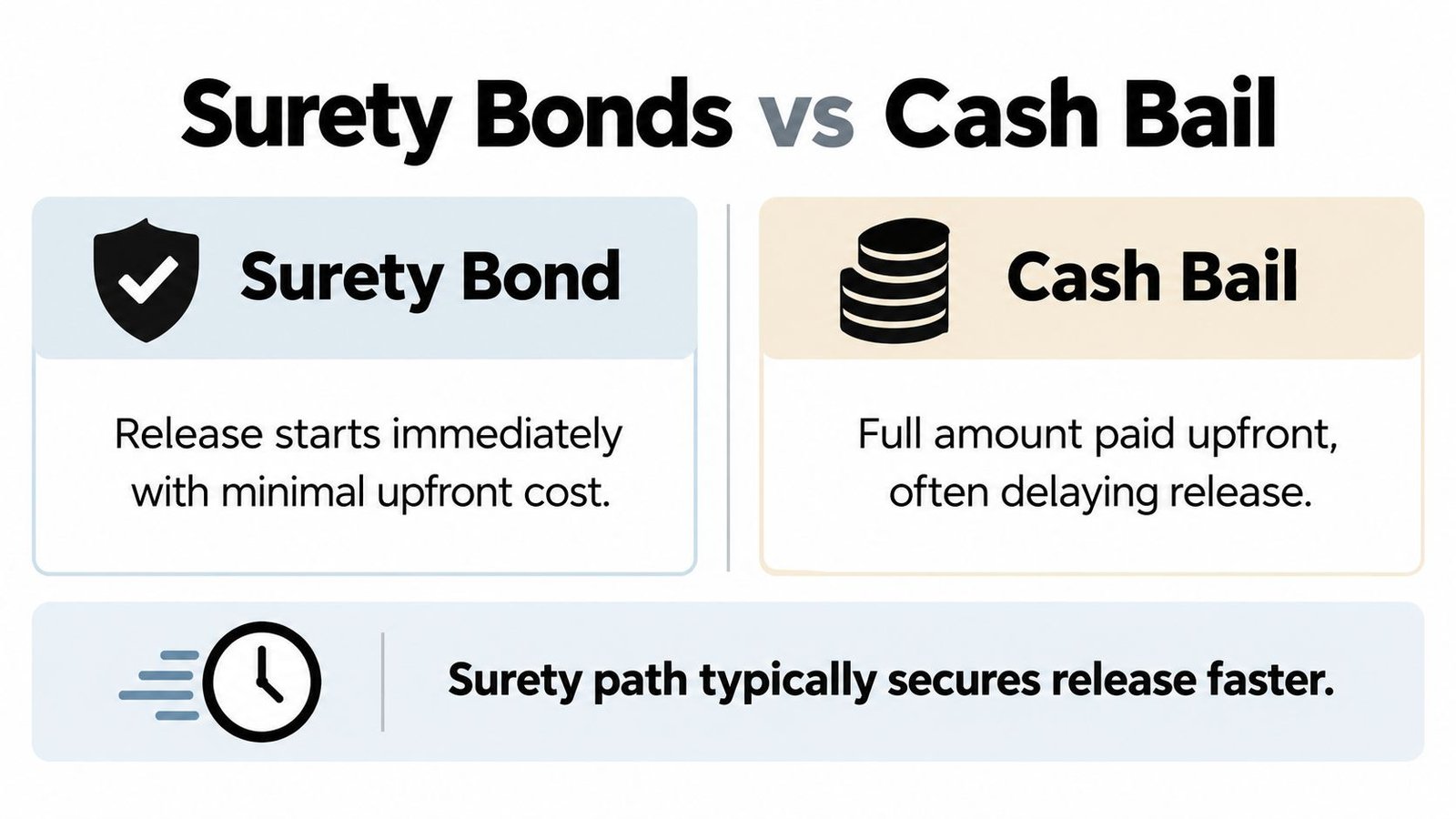 A comparison infographic showing that surety bonds offer faster release with lower upfront costs than cash bail.