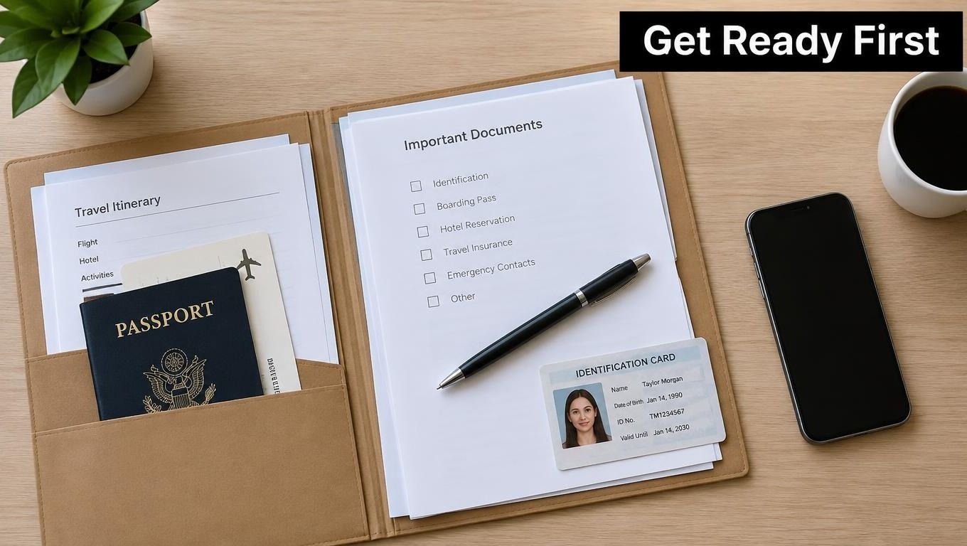 A travel organizer folder containing a passport, travel documents, identification card, and a pen on a desk.