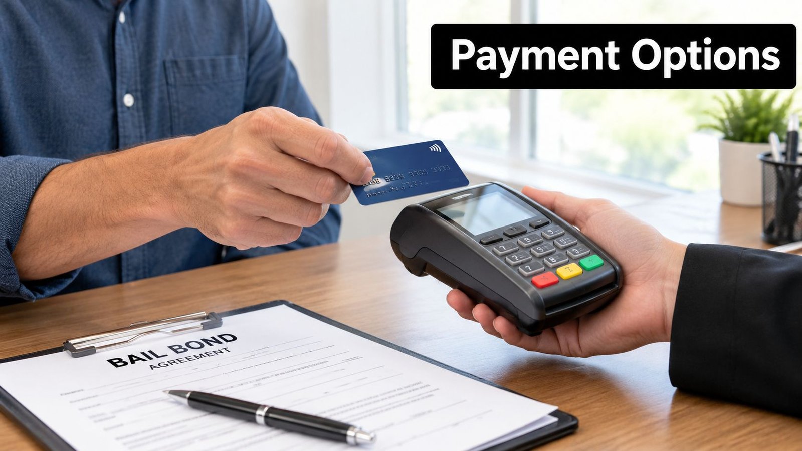 A person handing a credit card to an employee to pay for a bail bond agreement form.