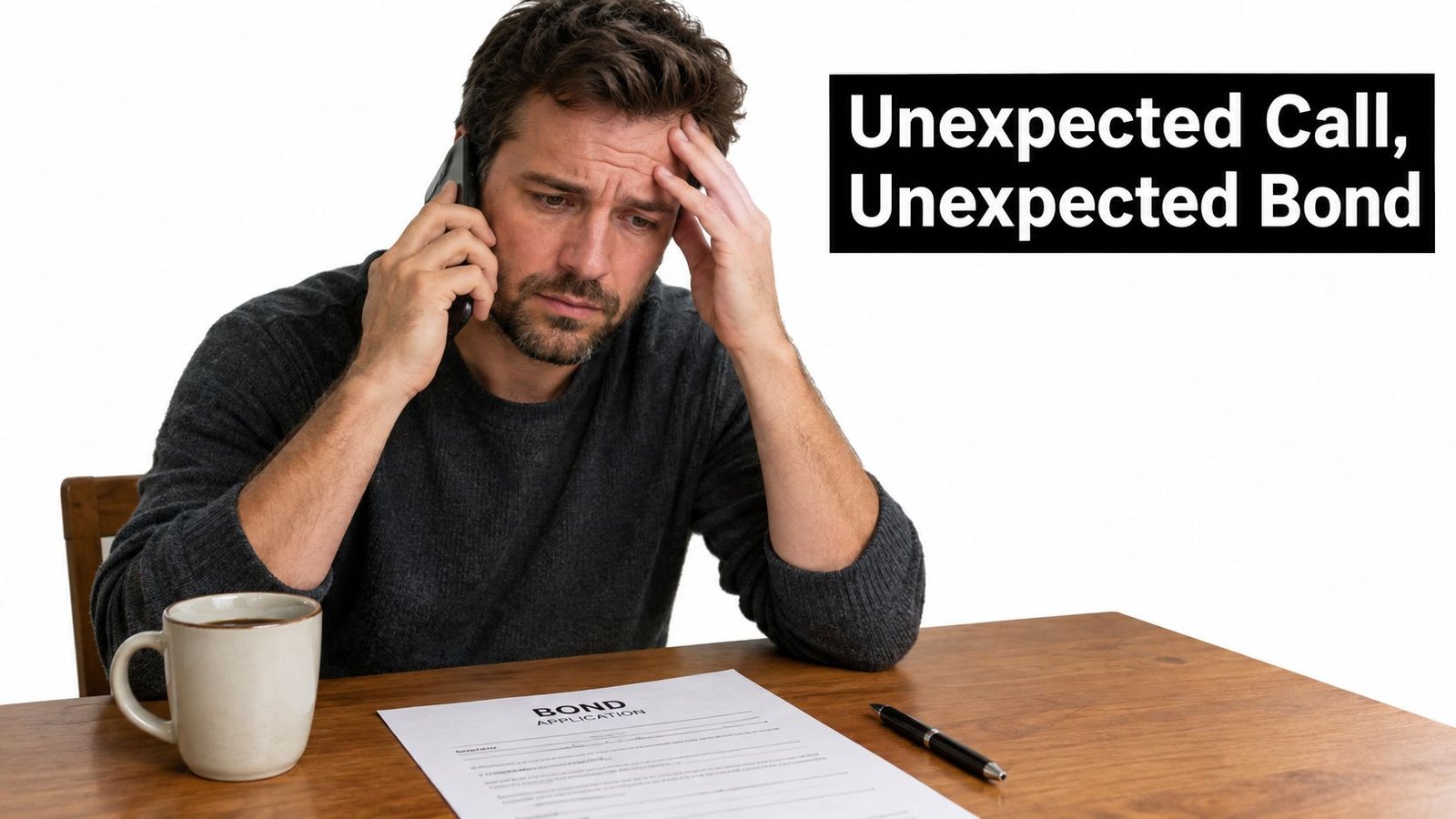 A man sitting at a desk looking distressed while on the phone with a bond application form.