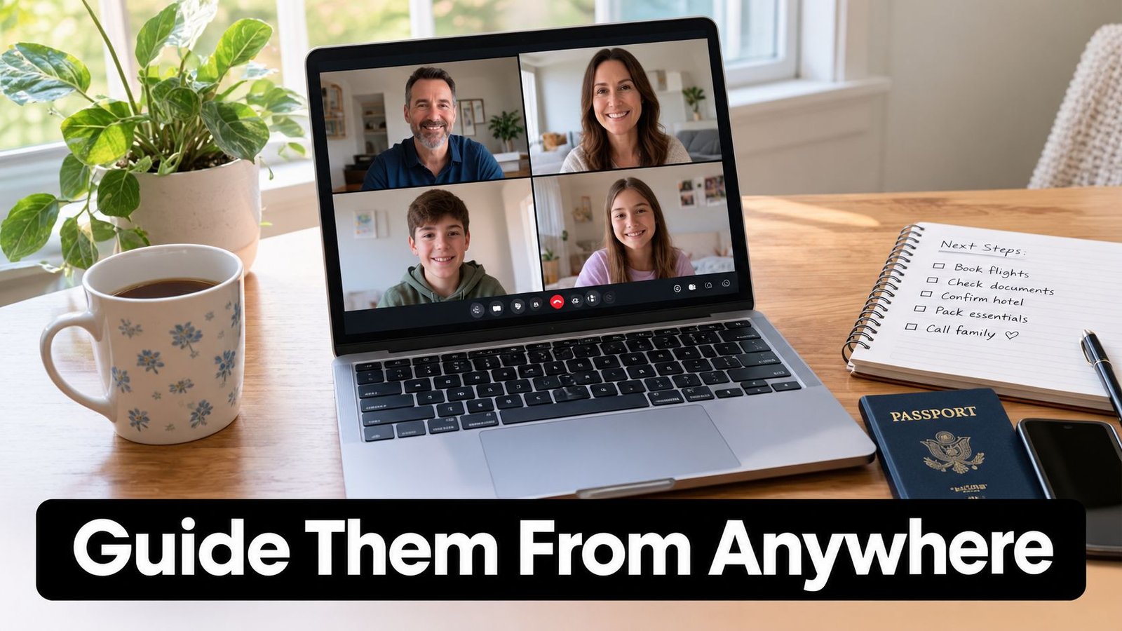 A person on a video call on a laptop planning a trip with a passport and checklist.