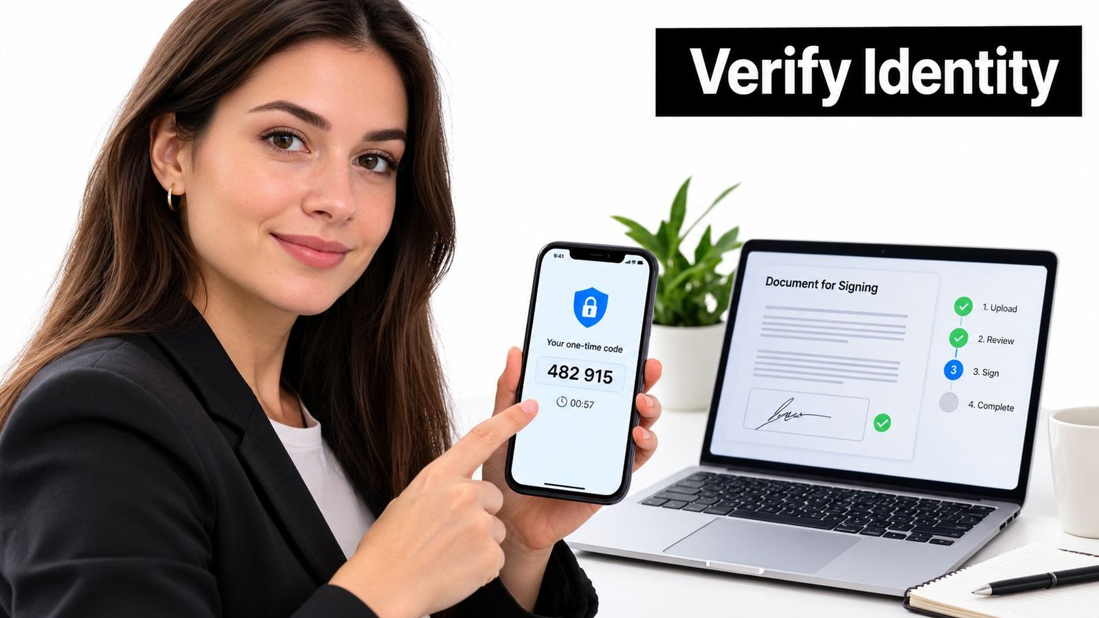 A professional woman holds a smartphone displaying a security code while working on an electronic signature document.