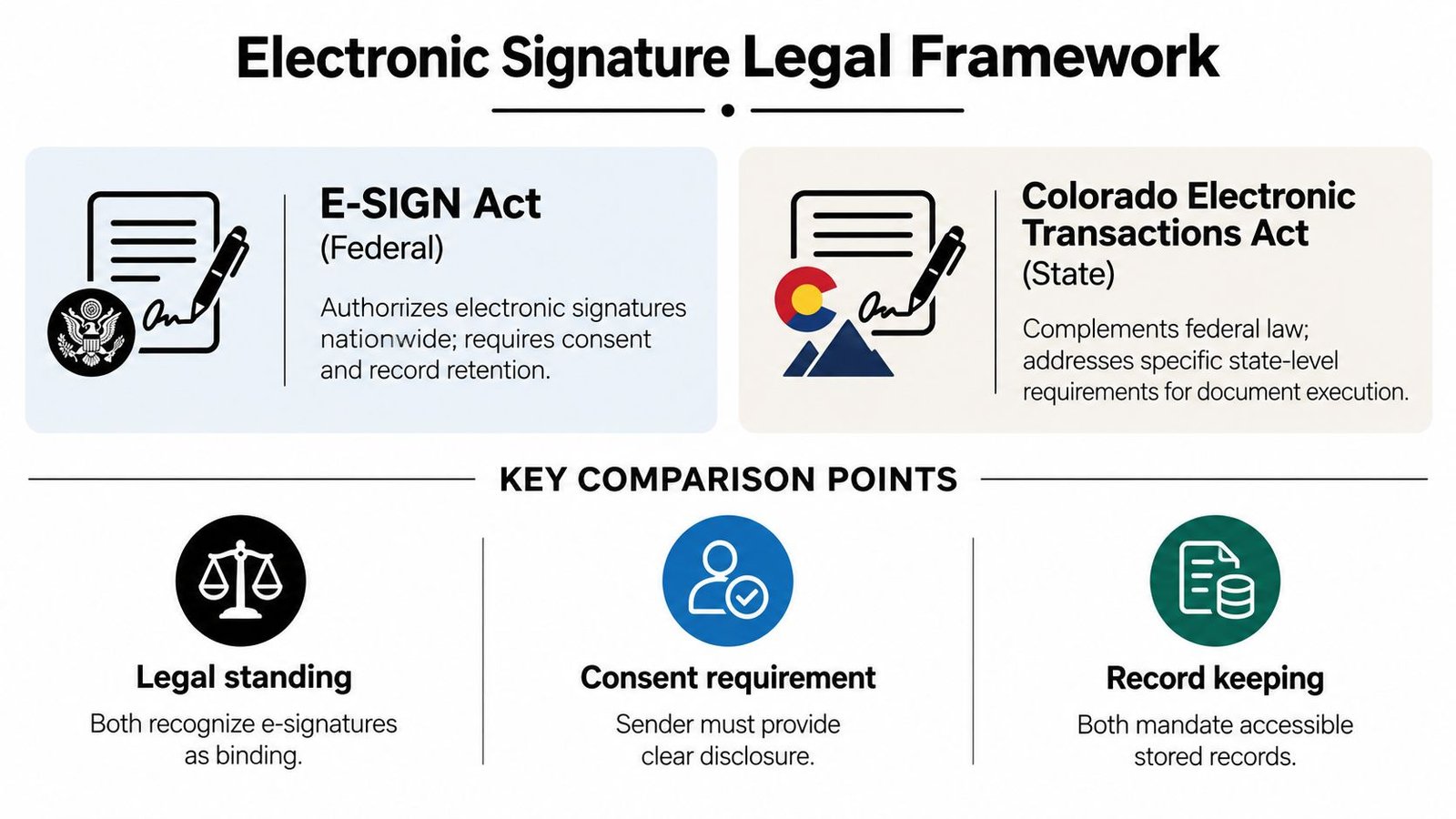 An infographic detailing the electronic signature legal framework, including E-SIGN Act and Colorado Electronic Transactions Act.