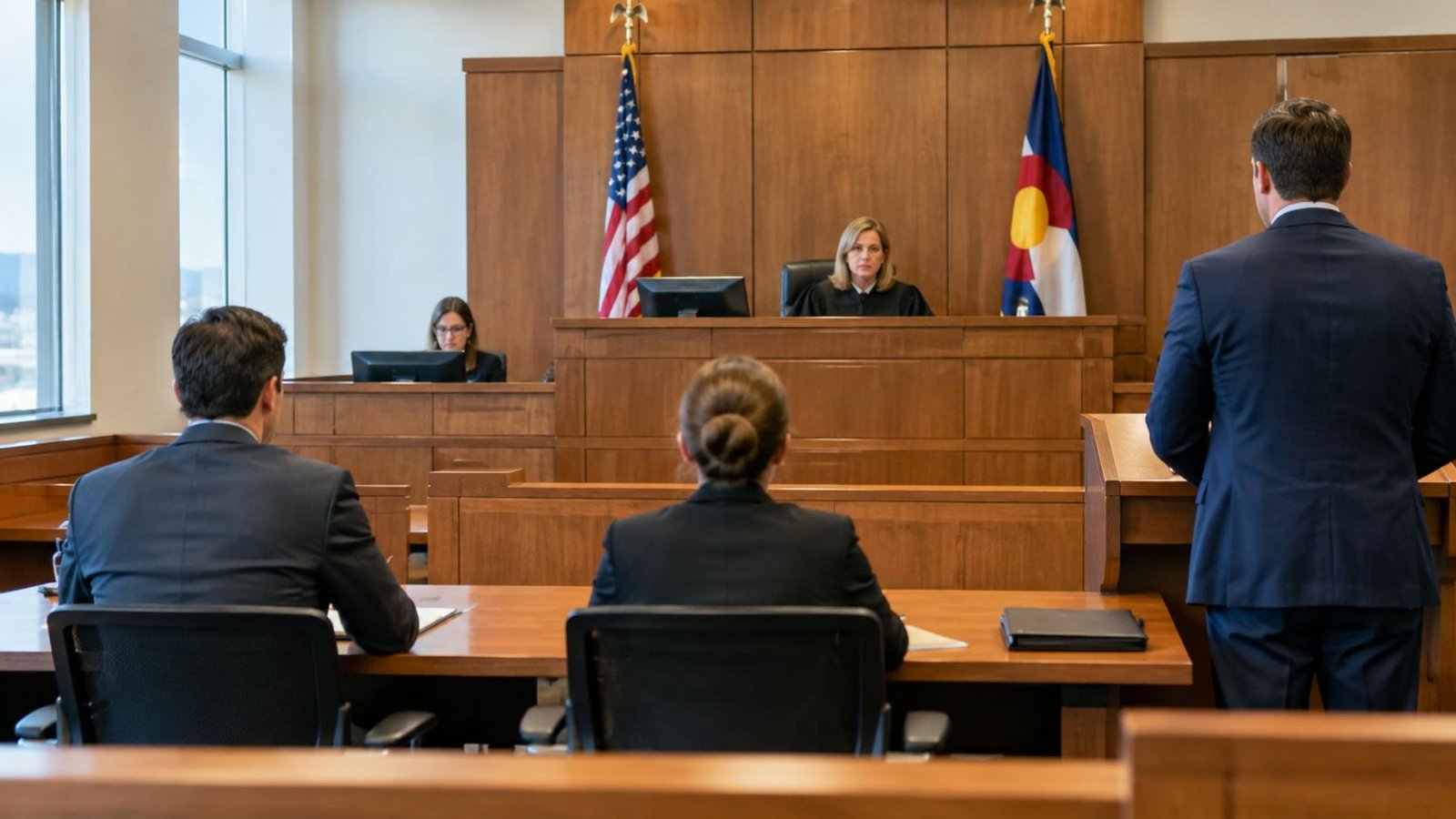 A professional setting in a courtroom with a judge, attorneys, and a clerk during legal proceedings.