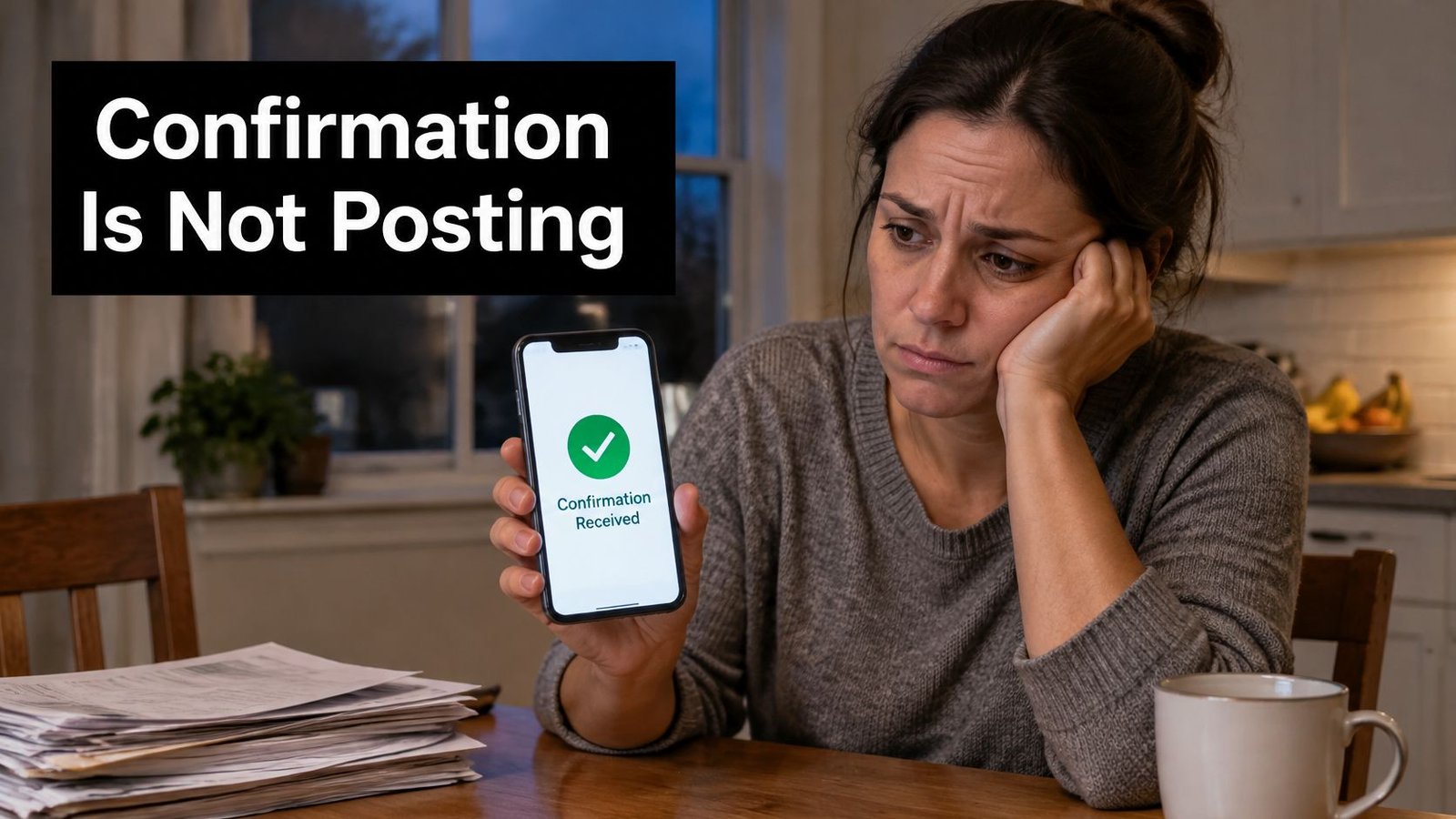 A concerned woman sitting at a table with papers, holding a smartphone showing a confirmation received screen.