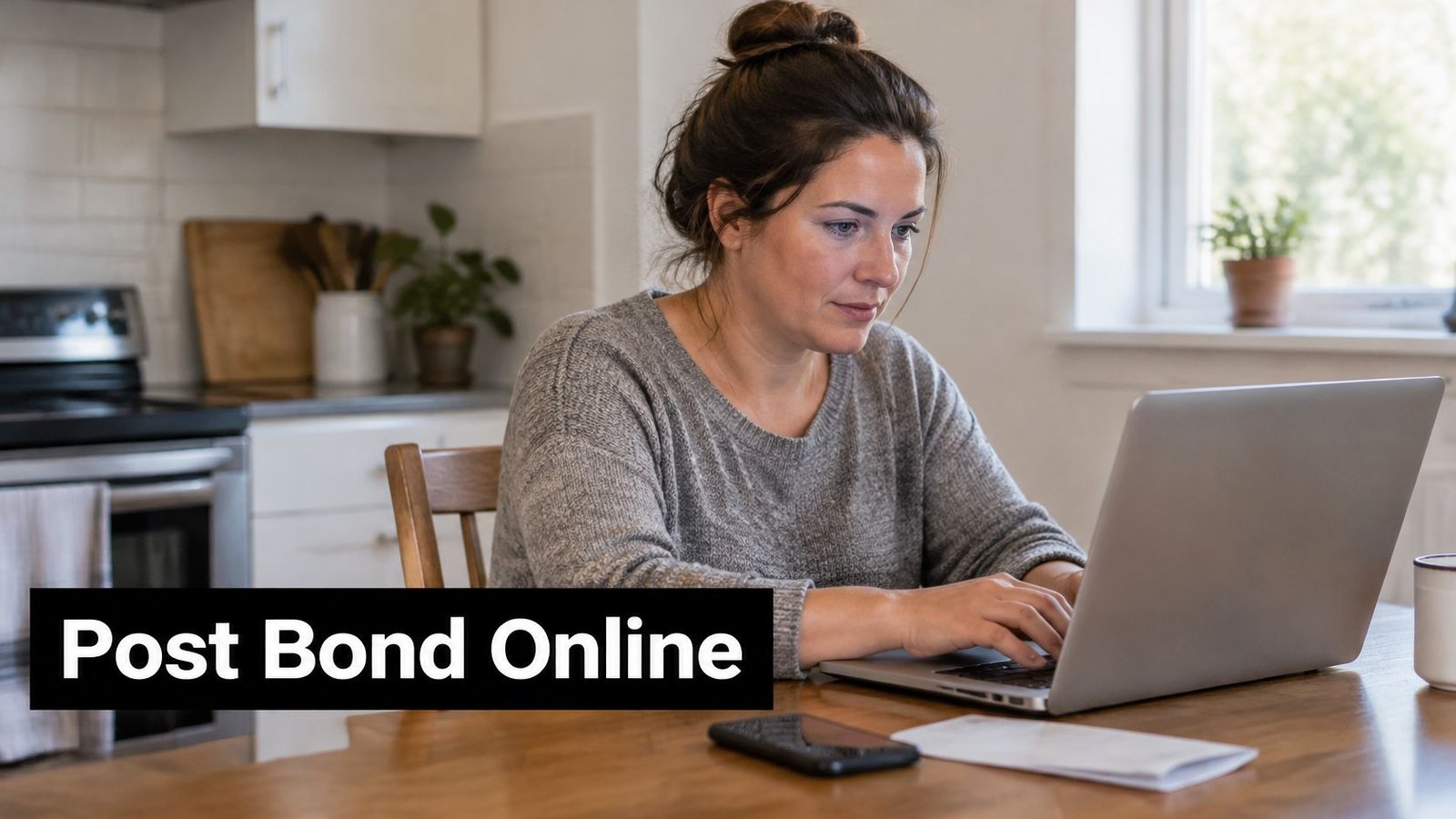A woman sits at a wooden table in a kitchen, typing on her laptop computer.