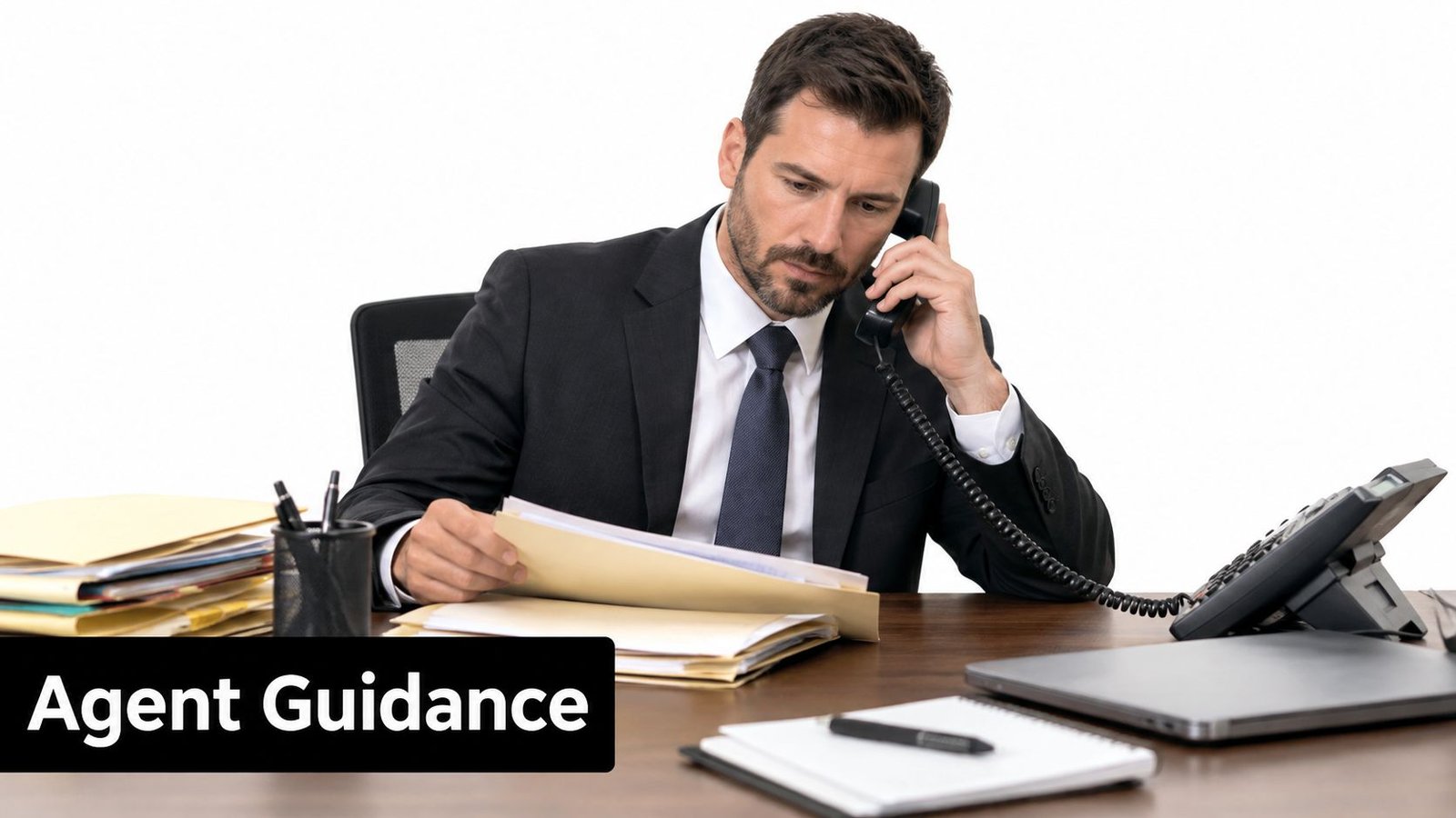 A professional man in a suit talking on a desk phone while reviewing business documents in an office.