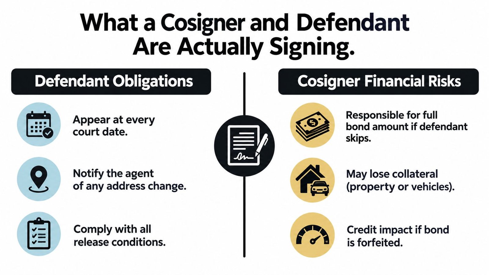 An infographic outlining the responsibilities of a defendant and the financial risks for a bail bond cosigner.