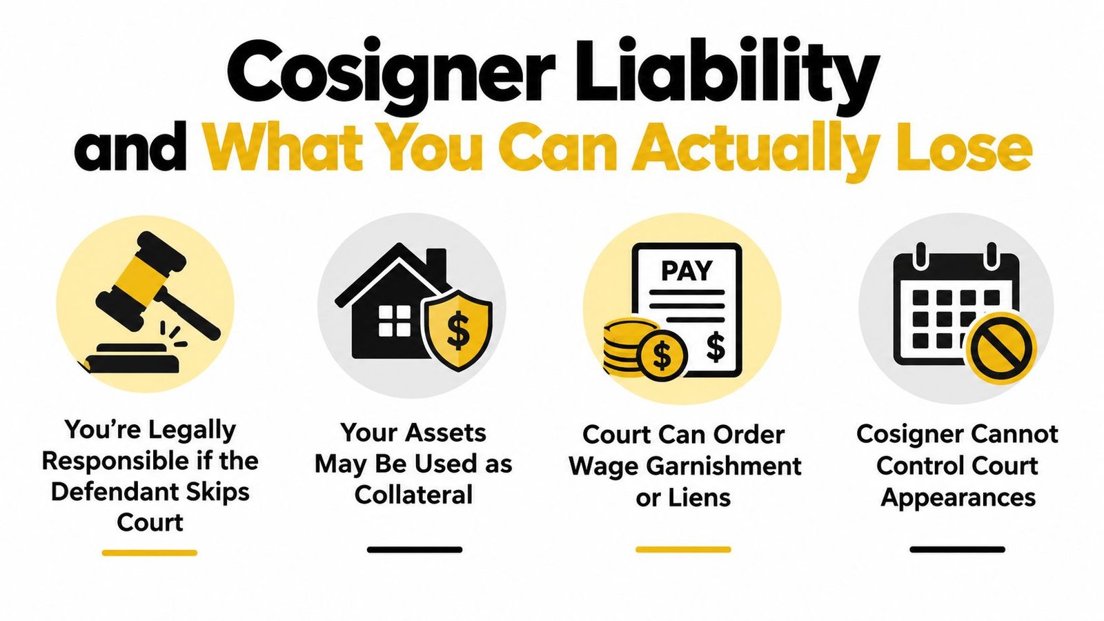 An infographic titled Cosigner Liability outlining the financial and legal risks of cosigning a bail bond.