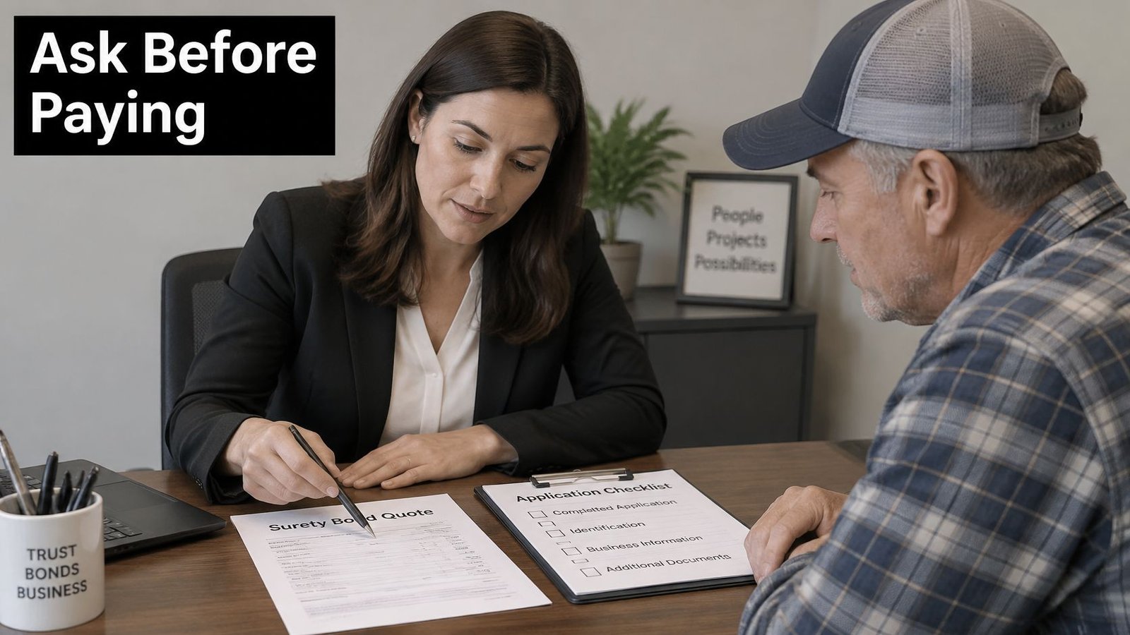 A professional surety bond agent reviews a quote document with a client in a modern office setting.