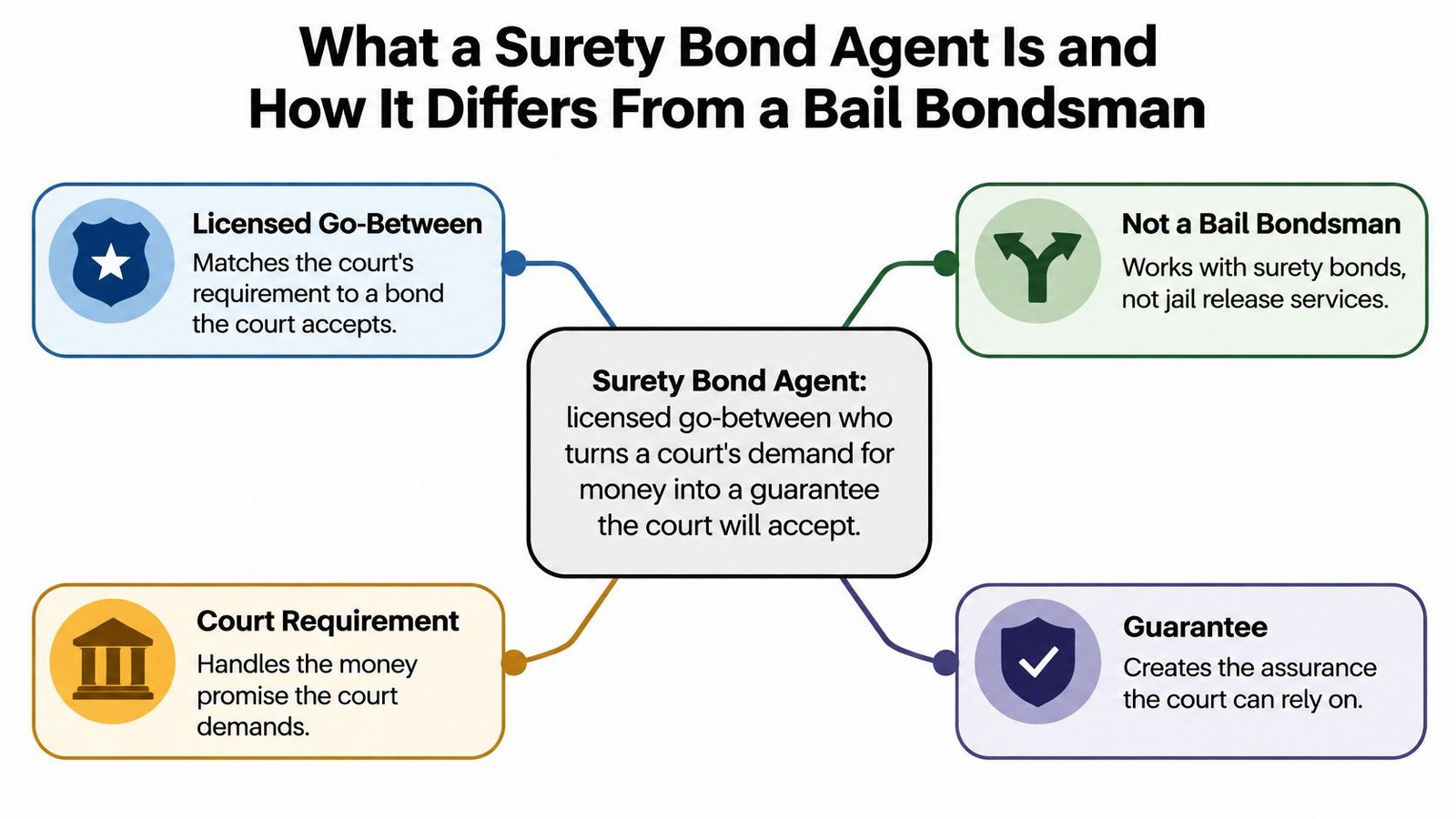 A diagram defining a surety bond agent, explaining their role as a licensed mediator for court-accepted financial guarantees.