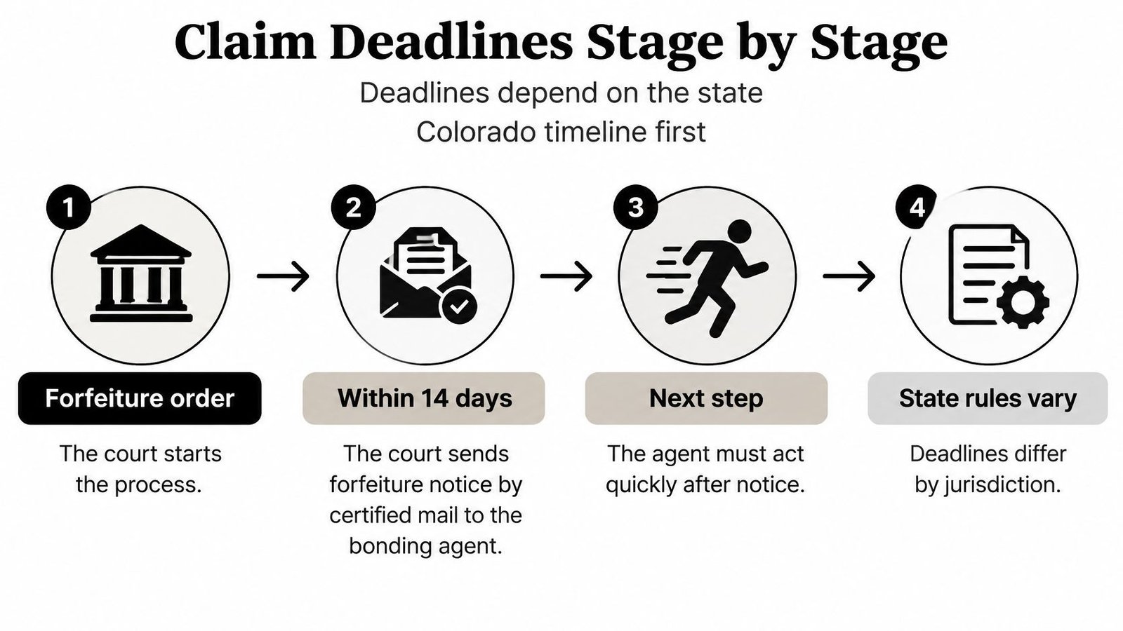 A four-step infographic illustrating the bail bond forfeiture claim process and deadlines for bonding agents.