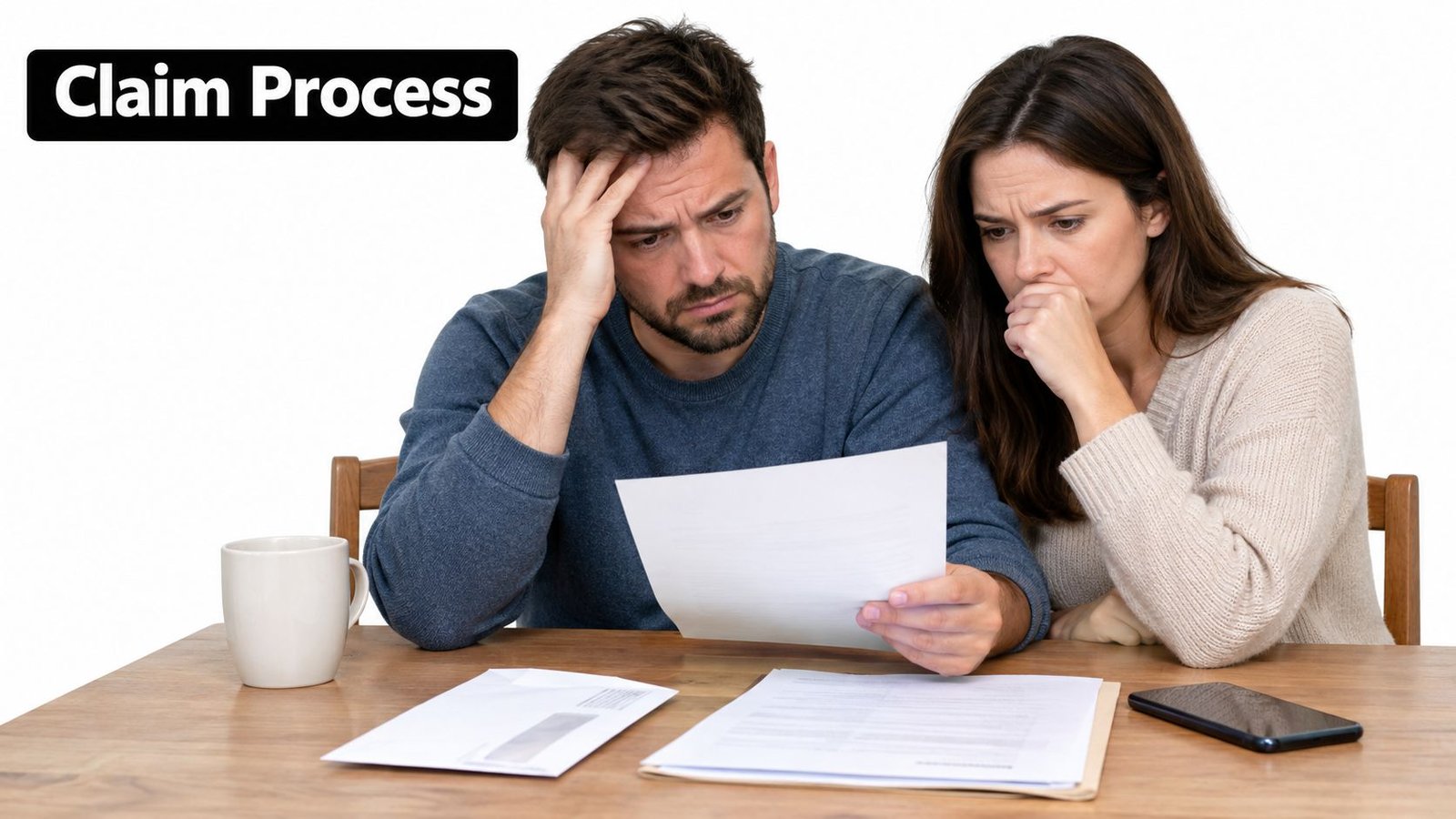 A concerned couple looks over financial documents and papers while sitting at a table together.