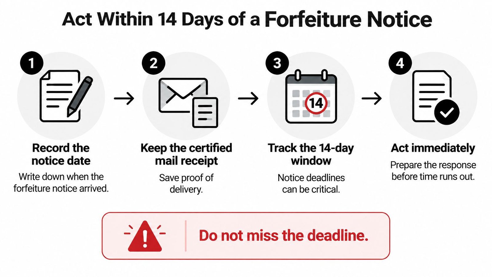 A flowchart showing four steps to handle a forfeiture notice within a fourteen day deadline period.