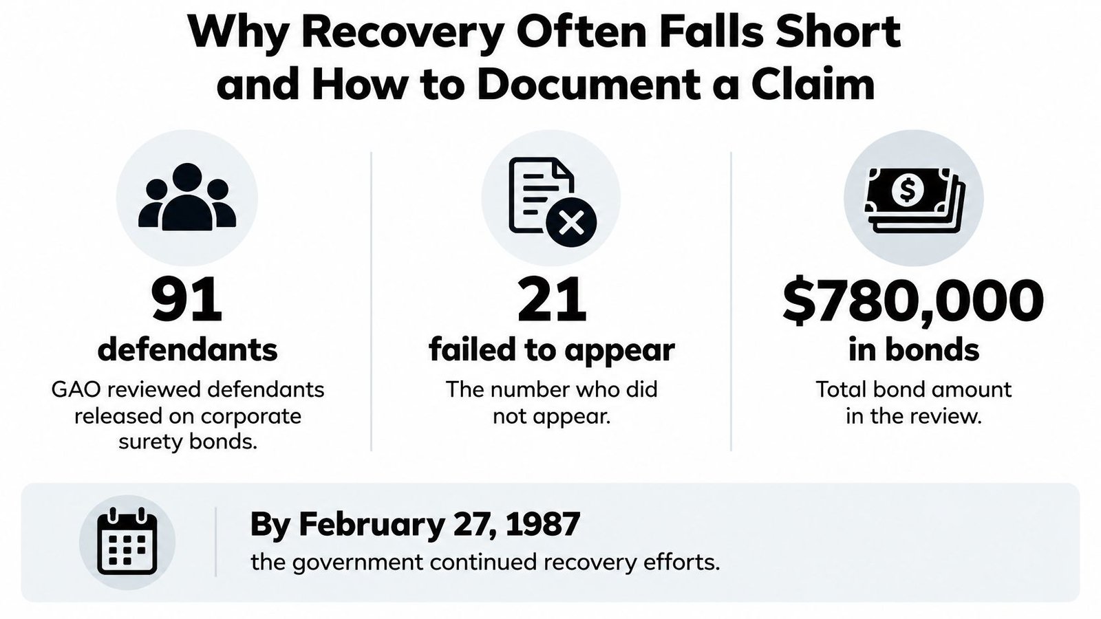 An infographic showing GAO data on 91 defendants, 21 bond failures, and $780,000 in recovery claims.