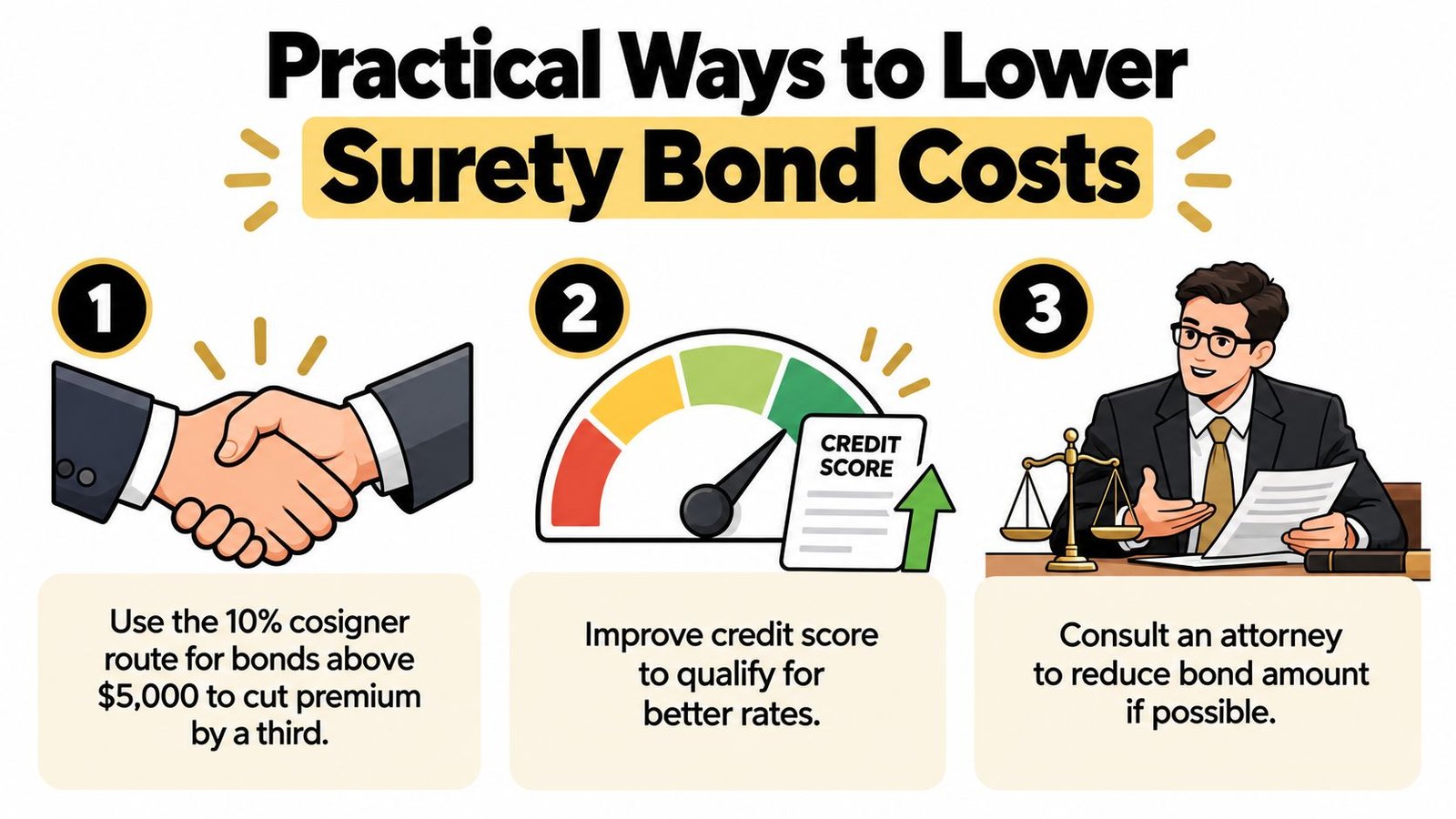 An infographic showing three practical methods to lower surety bond costs using icons for guidance.