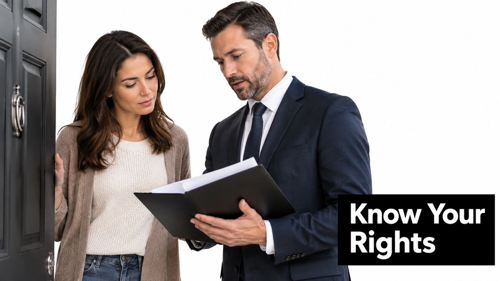 A professional man in a business suit presents a document to a woman standing at her doorway.