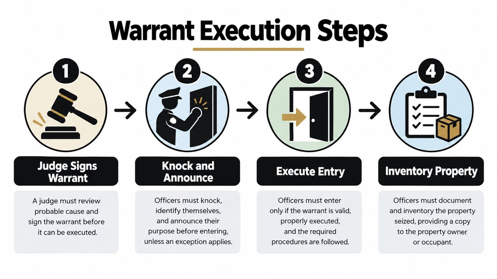 A four-step infographic illustrating the legal procedure for executing a search warrant by law enforcement officers.